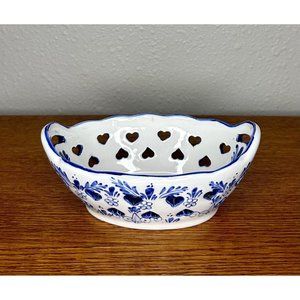Vintage Delft Holland Handpainted Blue White Heart Pierced Windmill Bowl Vanity